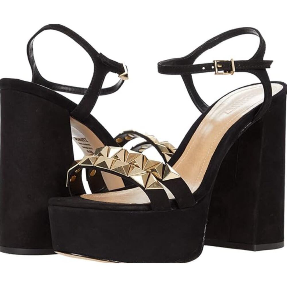 SCHUTZ Nedy Black Suede Gold Stud Chunky Platform Heel Sandals Size 9